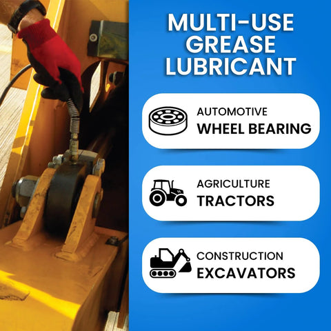 Side view of a red-gloved hand operating a grease gun on a yellow construction excavator wheel bearing.