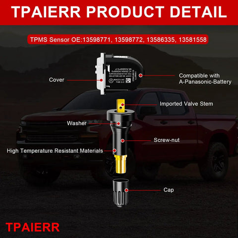 Solid Heavy Duty TPMS Tire Pressure Sensors With No Sweat Relearn Kit For Chevy Silverado Gmc Buick Cadillac 315 Mhz with detailed components.