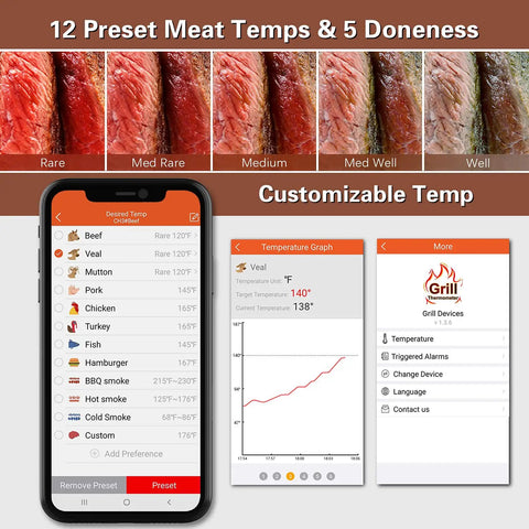 Bluetooth Meat Thermometer With Six Probes For Grill Smoker Oven And BBQ Wireless Digital Thermometer app interface showing meat settings and temperature graph