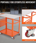 Rock Solid Welding Workbench Table 35X24 Inches With Lockable Swivel Casters And Adjustable Tool Tray highlighted in orange design.