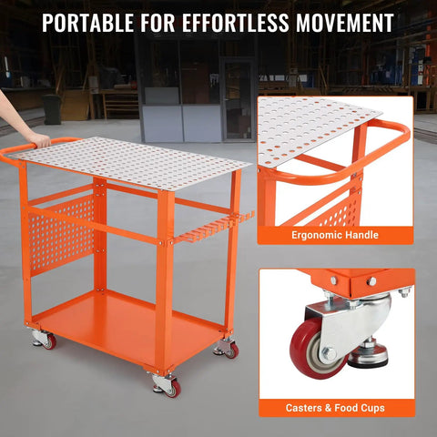 Rock Solid Welding Workbench Table 35X24 Inches With Lockable Swivel Casters And Adjustable Tool Tray highlighted in orange design.