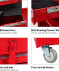 Detachable 3 Drawer Tool Chest With Large Storage Cabinet And Adjustable Shelf Heavy Duty Red Black Rollin Garage Workshop Organizer for tools hardware and gear details of drawer liner, sliders, lock bar, and wheels