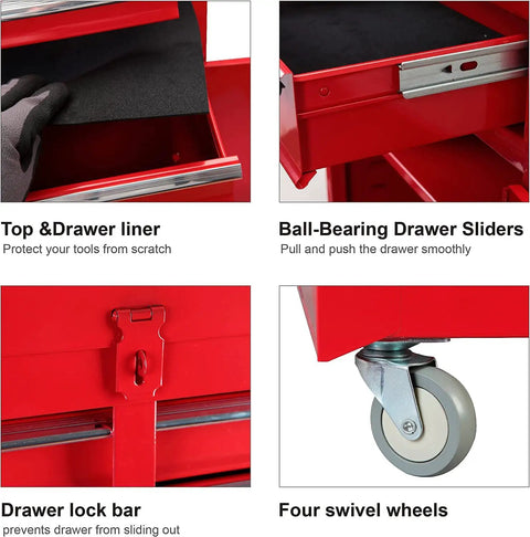 Detachable 3 Drawer Tool Chest With Large Storage Cabinet And Adjustable Shelf Heavy Duty Red Black Rollin Garage Workshop Organizer for tools hardware and gear details of drawer liner, sliders, lock bar, and wheels