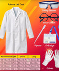 Kids Scientist Costume Lab Coat With Goggles Glasses ID Card And Gloves For Pretend Play Hands On Science Projects Career Day And Halloween Dress Up For Boys And Girls XL Size shown with size chart, glasses, pipette, ID badge, and gloves.