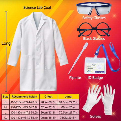 Kids Scientist Costume Lab Coat With Goggles Glasses ID Card And Gloves For Pretend Play Hands On Science Projects Career Day And Halloween Dress Up For Boys And Girls XL Size shown with size chart, glasses, pipette, ID badge, and gloves.