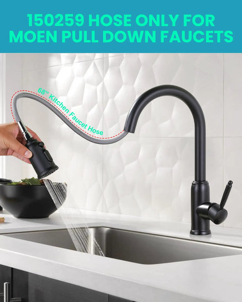 Heavy Duty Replacement Hose Kit Compatible With Moen Pull Down Kitchen Faucet Part 150259 68 inch stainless steel hose in use