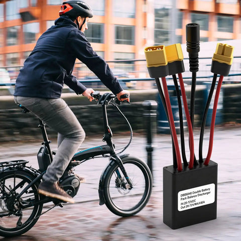 Dual Battery Parallel Module For E Bikes With 20V To 72V Input And Output, 40A Max, XT60H M Plug, shown next to cyclist