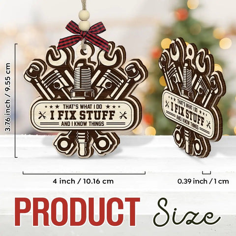 Wooden Gearhead Mechanic Ornament For Christmas Tree Decor Perfect Gift For Dads Husbands Techs And Auto Enthusiasts A Handcrafted Tool Themed Ornament For Car Lovers And Shop Pros, showing size and details.