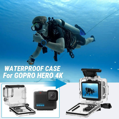 GoPro Hero 4K Waterproof Case Underwater Housing 196 Ft 60 M with scuba diver and camera mount lens protector kit