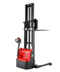 Heavy Duty Fully Electric Adjustable Straddle Stacker delivers solid 3300 pound capacity and snappy 11 foot 6 inch lift.