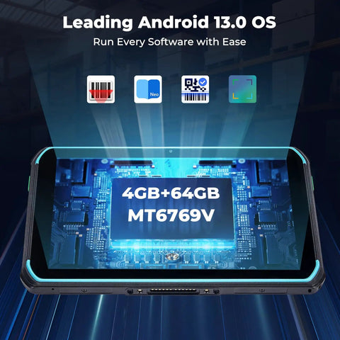 Heavy Duty 8 Inch Rugged Android 13 Tablet With Integrated Barcode Scanner, 4GB Ram And 64GB Storage, 4G Lte And Wifi 5 showcasing Android 13 interface.