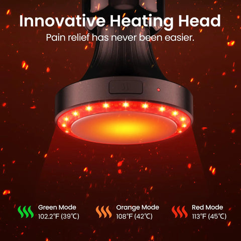 3 In 1 Detachable Massage Gun With Heat showing innovative heating head with red, orange, green modes for deep tissue relief