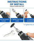 Installation guide for Dremel Compatible Pro Grade Drill Chuck Collet Set 16 Piece Replacement Kit with brass collets and keyless chuck.