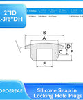 Technical diagram of 4 Pack 60 Mm Silicone Rubber Plugs Snap In Locking Hole Plugs with measurements for flush type rubber stoppers.