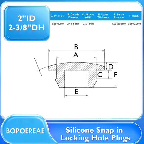 Technical diagram of 4 Pack 60 Mm Silicone Rubber Plugs Snap In Locking Hole Plugs with measurements for flush type rubber stoppers.