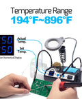 Pro Grade 110W Soldering Station Kit With 3 Preset Channels And Sleep Mode in use, showing temperature display and LED magnifier