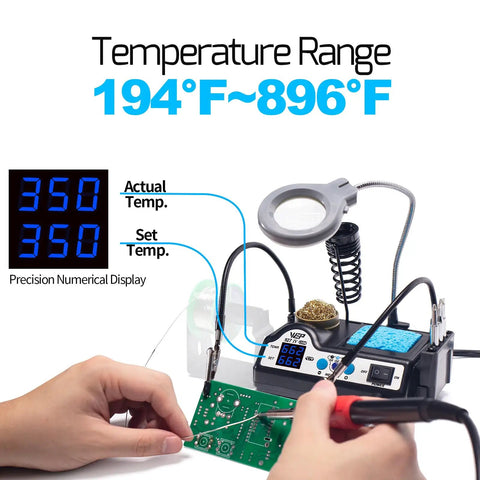 Pro Grade 110W Soldering Station Kit With 3 Preset Channels And Sleep Mode in use, showing temperature display and LED magnifier