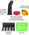No Spill Oil Funnel Kit With 8 Attachments And Transparent Chamber For Direct Fit Threaded Filler Necks Compatible With Chrysler Ford Mazda GM Honda Toyota And Lexus showing adapters and storage solutions.
