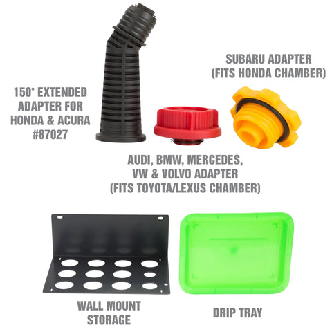 No Spill Oil Funnel Kit With 8 Attachments And Transparent Chamber For Direct Fit Threaded Filler Necks Compatible With Chrysler Ford Mazda GM Honda Toyota And Lexus showing adapters and storage solutions.