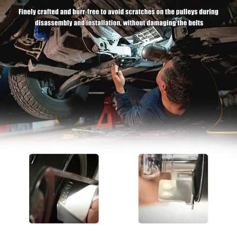 Mechanic using Stretch Belt Mate Kit 2 Piece Set Heavy Duty Metal Belt Removal And Pulley Installer Tools for serpentine belts