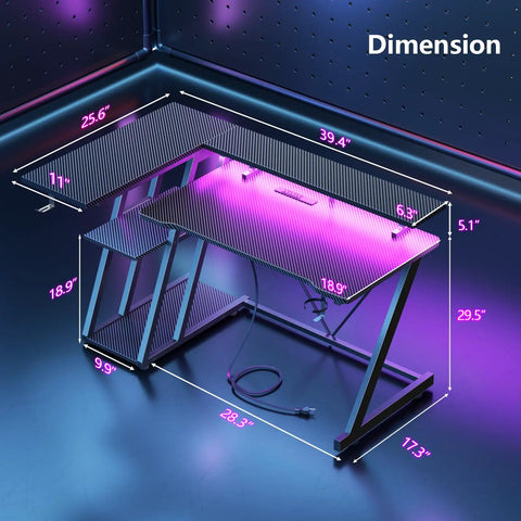 Dimensions of 40 Inch L Shaped Gaming Desk With Power Outlet And LED Lights Carbon Fiber Textured Corner Computer Desk shown