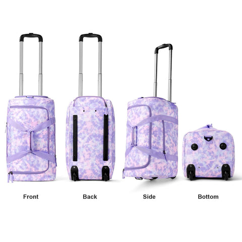 Choco Mocha 22-inch purple tie-dye rolling luggage with wheels; front, back, side and bottom views.