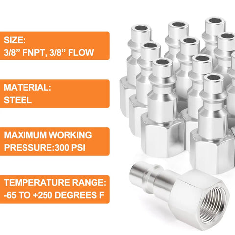 10 Pack 3/8 Inch NPT Female Industrial Air Tool Fittings High Flow Pneumatic Plugs Durable Zinc Plated Hardened Steel 300 PSI Max Working Pressure For Workshop Garage DIY Projects, 3/8 FNPT steel