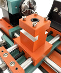 Techtongda Mini Wood Lathe With Dual Motors For Turning And Drilling Soft Metals Plastic Plexiglass Compact Buddha Bead Machine For Crafters Teaching Tool High Torque 220V orange component view with precision detail and connectors.
