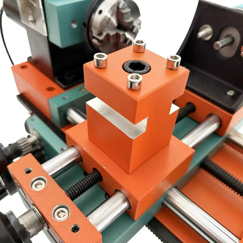 Techtongda Mini Wood Lathe With Dual Motors For Turning And Drilling Soft Metals Plastic Plexiglass Compact Buddha Bead Machine For Crafters Teaching Tool High Torque 220V orange component view with precision detail and connectors.