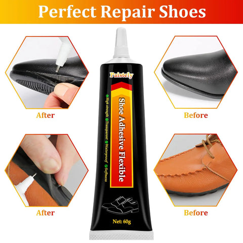 Transparent Shoe Glue For Repairs High Strength Polyurethane Adhesive For Shoes Boots Leather And More Waterproof Non Whitening Low Odor Durable Bond 60g Pack with shoe before and after application