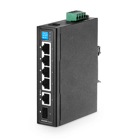 Industrial Din Rail PoE Switch With Four Gigabit PoE Ports, One Uplink, One SFP, 30W Per Port, metal enclosure, side view