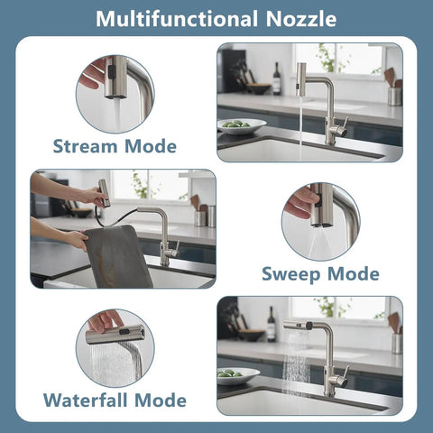 Slick Hands Free Kitchen Sink Faucet With Pull Down Sprayer And Waterfall Flow Featuring 360 Degree Swivel Design And No Sweat Auto Shut Off Feature For Everyday Home Cooking Tasks showing multifunctional nozzle modes.
