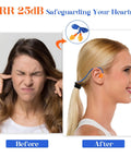 Straight Up Noise Dampening Earplugs Bulk Pack Of One Thousand Corded Silicone Picks With Attached Strings And A Trusted Twenty Five Decibel Rating For Easy Living Reusable Chill Vibes In Bright Blue And Orange Colors before and after image showing earplug use.