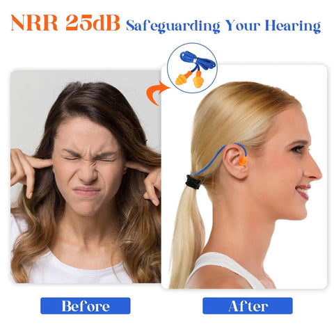 Straight Up Noise Dampening Earplugs Bulk Pack Of One Thousand Corded Silicone Picks With Attached Strings And A Trusted Twenty Five Decibel Rating For Easy Living Reusable Chill Vibes In Bright Blue And Orange Colors before and after image showing earplug use.