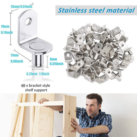 40 Pcs Shelf Pins L Shaped Bracket Clips Nickel Plated With Hole One Quarter Inch Diameter For Kitchen Cabinets Bookcases Shelves Closets And Furniture Support shown with dimensions and installation example.