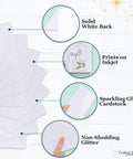 Diagram showing features of Premium White Glitter Cardstock Paper 104lb 280 GSM for Inkjet Printing and Die Cutting, with close-up details.