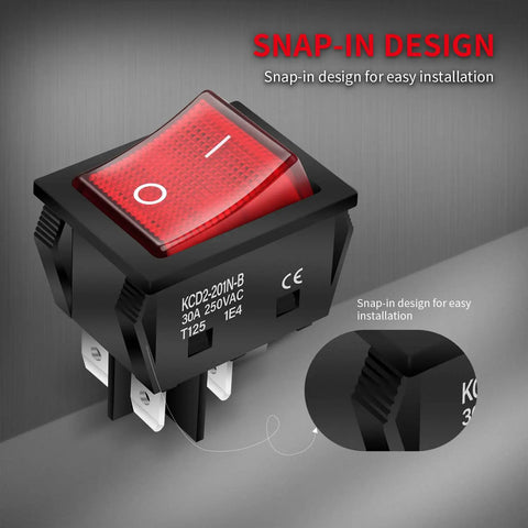 Beefy 30A 250V DPST Rocker Switch with red illuminated indicator, 4 pin, snap-in design, heavy duty toggle on off T125 3 pack