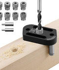 Top Notch Pro Grade Dowel Jig Kit With Centering Design for straight holes, drill bushings, and drill guide block in use on wood