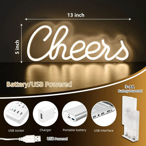 Cheers Neon Sign For Home Bar Wall Decor Battery Or USB Powered Bright Warm White Light Lit For Parties And Bachelorette Celebrations With Home Entertaining Vibe Ultra Lightweight Durable 13 By 5 Inch Sign showing USB and battery options.