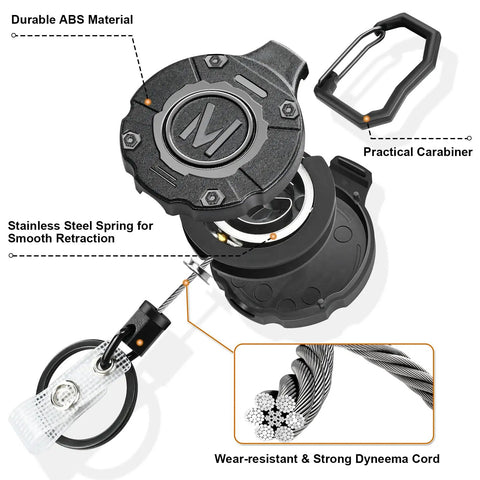 Heavy Duty Retractable Keychain Badge Reel With Carabiner And 31.5 Inch Dyneema Cord, exploded view showing materials and features