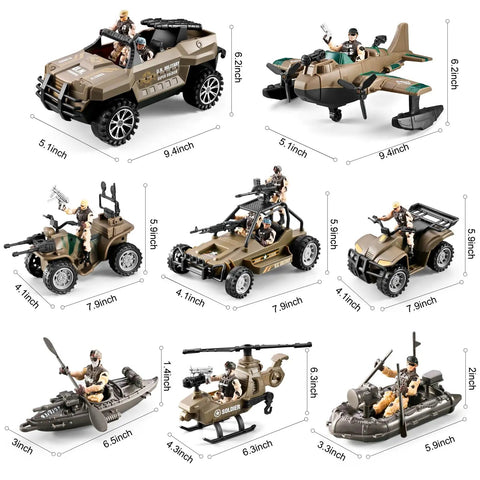 56 In 1 Army Men Toys Set For Boys Ages 4 To 12 Featuring Military Trucks Helicopters Kayaks Motorcycles Action Figures And Weapon Gear A Complete Playset For Birthday Gifts Party Favors And Creative Battle Adventures, showcasing vehicles and figures.