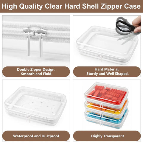 Must Have Clear Hard Shell Zipper Case Three Pack Large 9.84 Inches By 7.87 Inches By 2 Inches Waterproof Storage Pouches displayed in various uses.