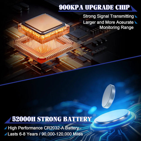 900kPa upgrade chip and CR2032-A battery for Four Pack TPMS Tire Pressure Monitoring Sensors Direct Replacement Fits Chevy Silverado