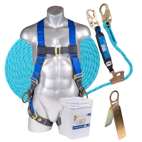 Fall Protection Roofing Bucket Kit With Full Body Harness And 50 Foot Vertical Rope And Anchor Set For Roofers And Construction Pros OSHA And ANSI Compliant