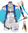 Fall Protection Roofing Bucket Kit With Full Body Harness And 50 Foot Vertical Rope And Anchor Set For Roofers And Construction Pros OSHA And ANSI Compliant showing harness, rope, anchor, and bucket.