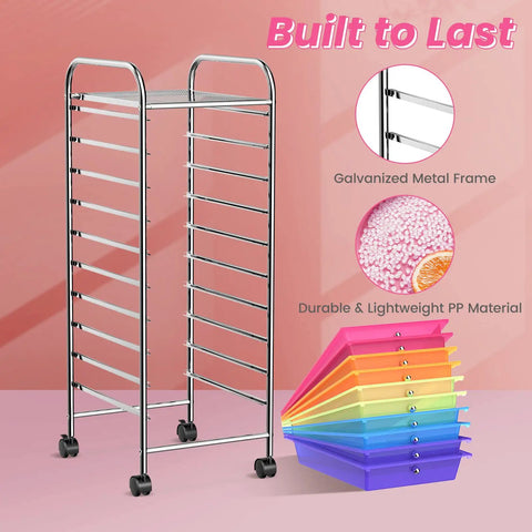 10 Drawer Rolling Storage Cart With Removable Drawers, Universal Casters And Two Brakes, Flexible Organizer frame with rainbow drawers