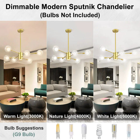 Dimmable Modern Sputnik Chandelier with Gold Finish and Glass Globe Orbs in 3 Lighting Modes in a Living Room Setting