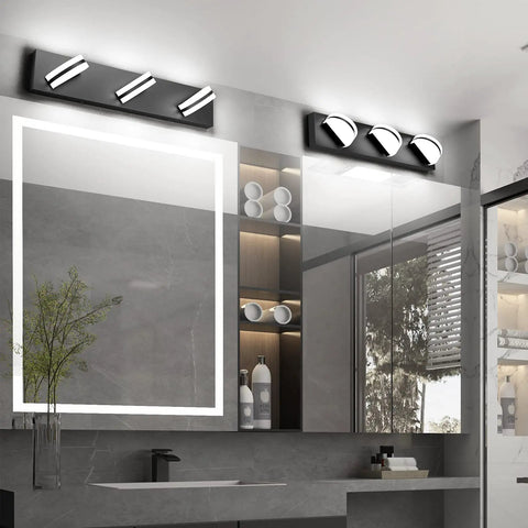 Bathroom with LED Modern Black Vanity Light With Acrylic Finish Over Mirror Three Light Bathroom Wall Fixture With 360 Degree Rotatable Joint