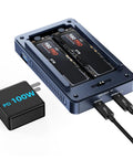 Twin Bay 40Gbps M.2 NVMe SSD Enclosure With Active Cooling And Machined Aluminum Case, showing dual 8TB drives and 100W power adapter.