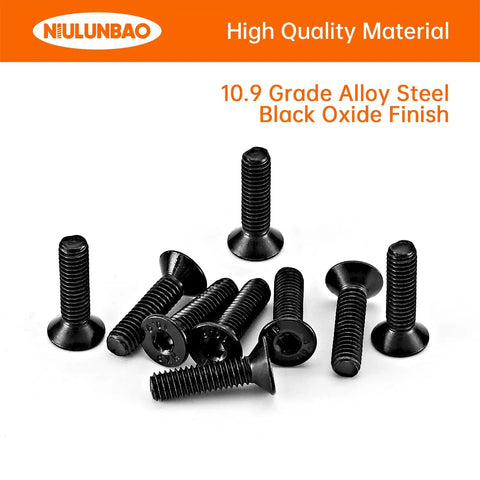 M4 0.7 X 10mm Flat Head Hex Socket Cap Screws Bulk Pack shown in black oxide finish and 10.9 grade alloy steel.